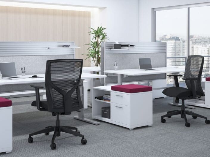 Modern office desk with sleek design and ample storage space.